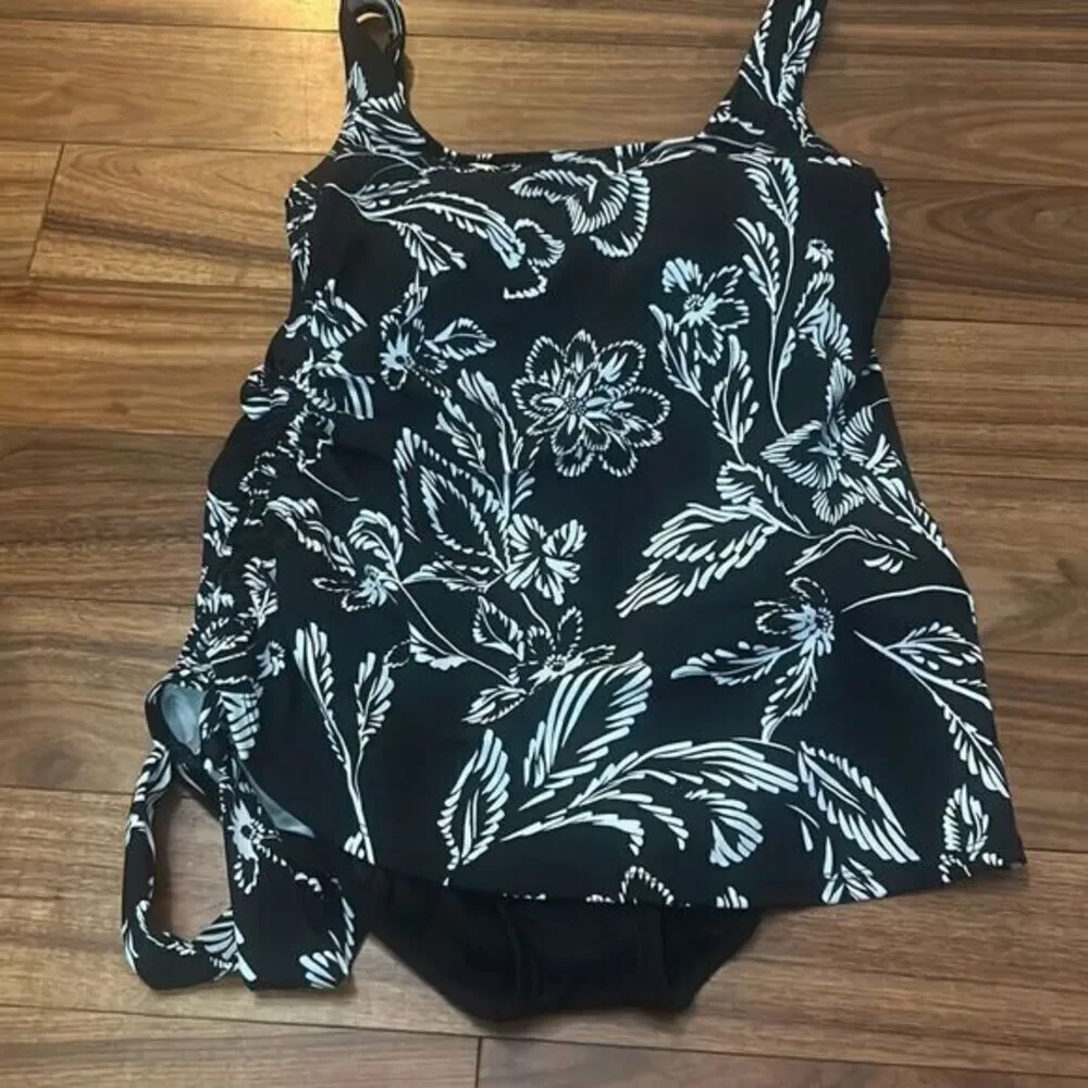 Swim solutions floral one piece swimwear bathing suit black white tropical - Picture 9 of 9